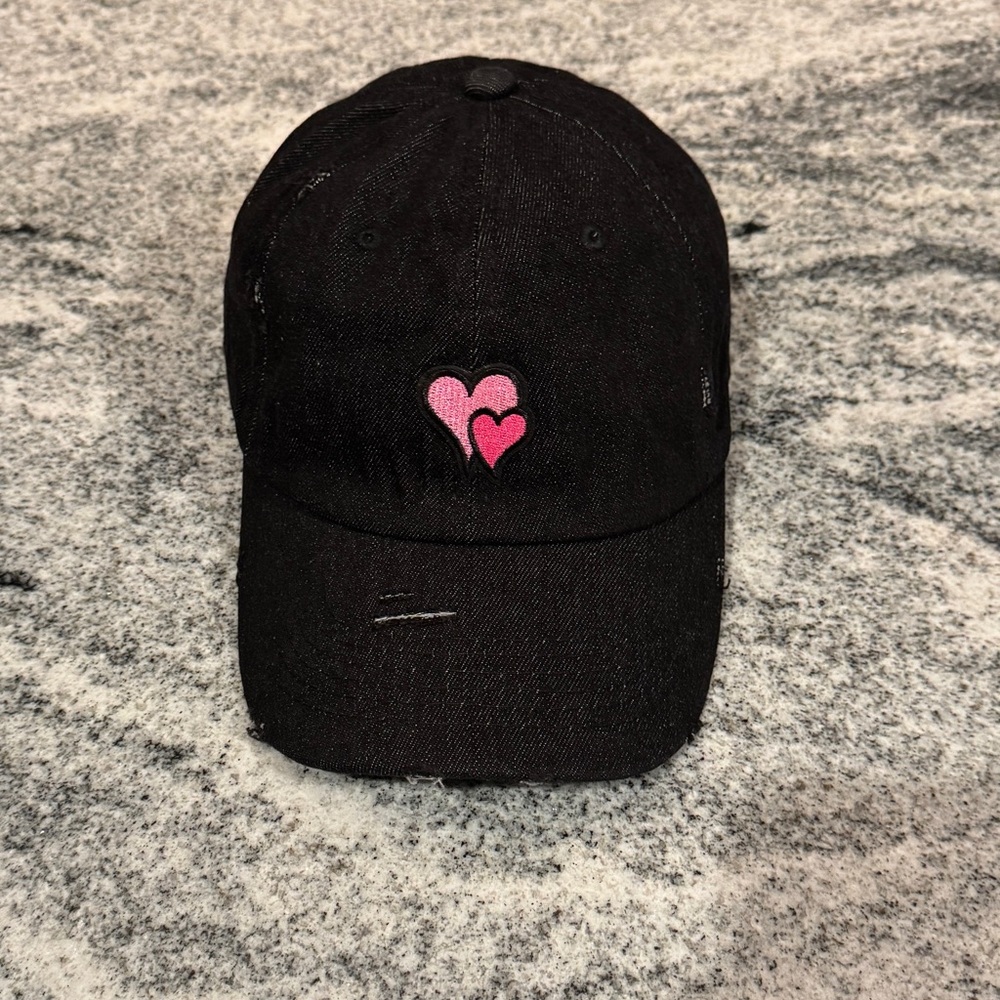 New Custom Designed Black Distressed Baseball Cap with Double Pink Heart Design